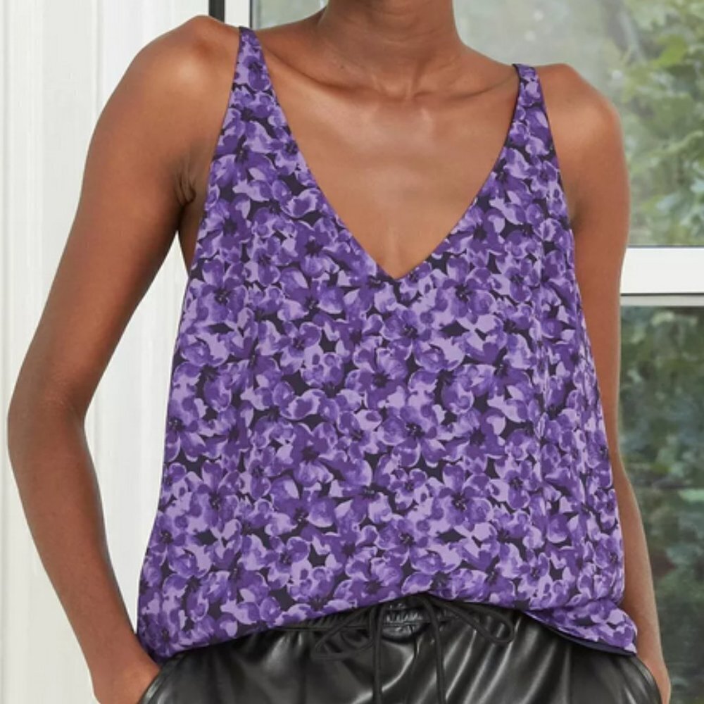 A New Day Purple Floral Lined V Neck Velvet Camisole Adjustable Straps Medium M